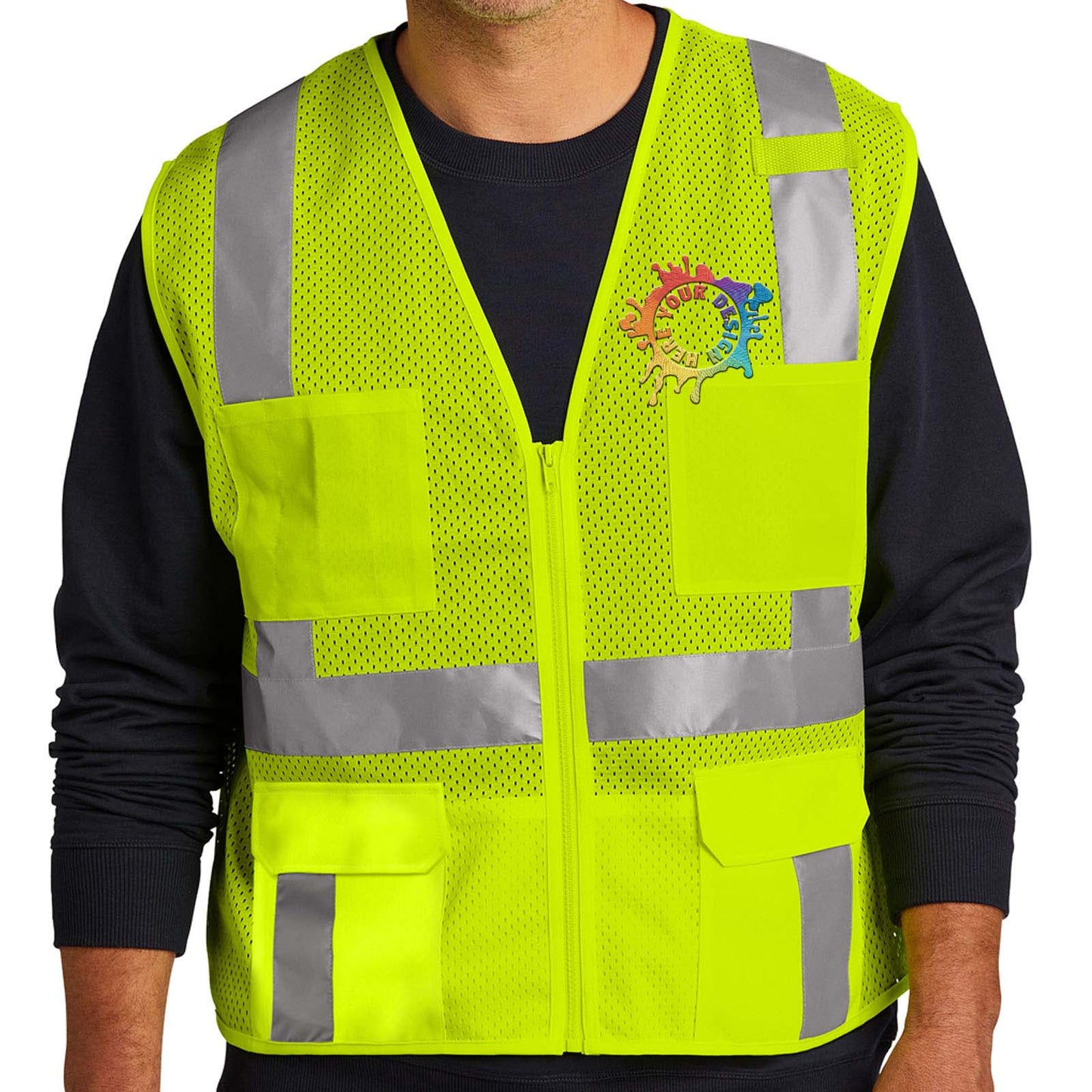 CornerStone® ANSI 107 Class 2 Mesh Six-Pocket Zippered Vest Embroidery - Mato & Hash