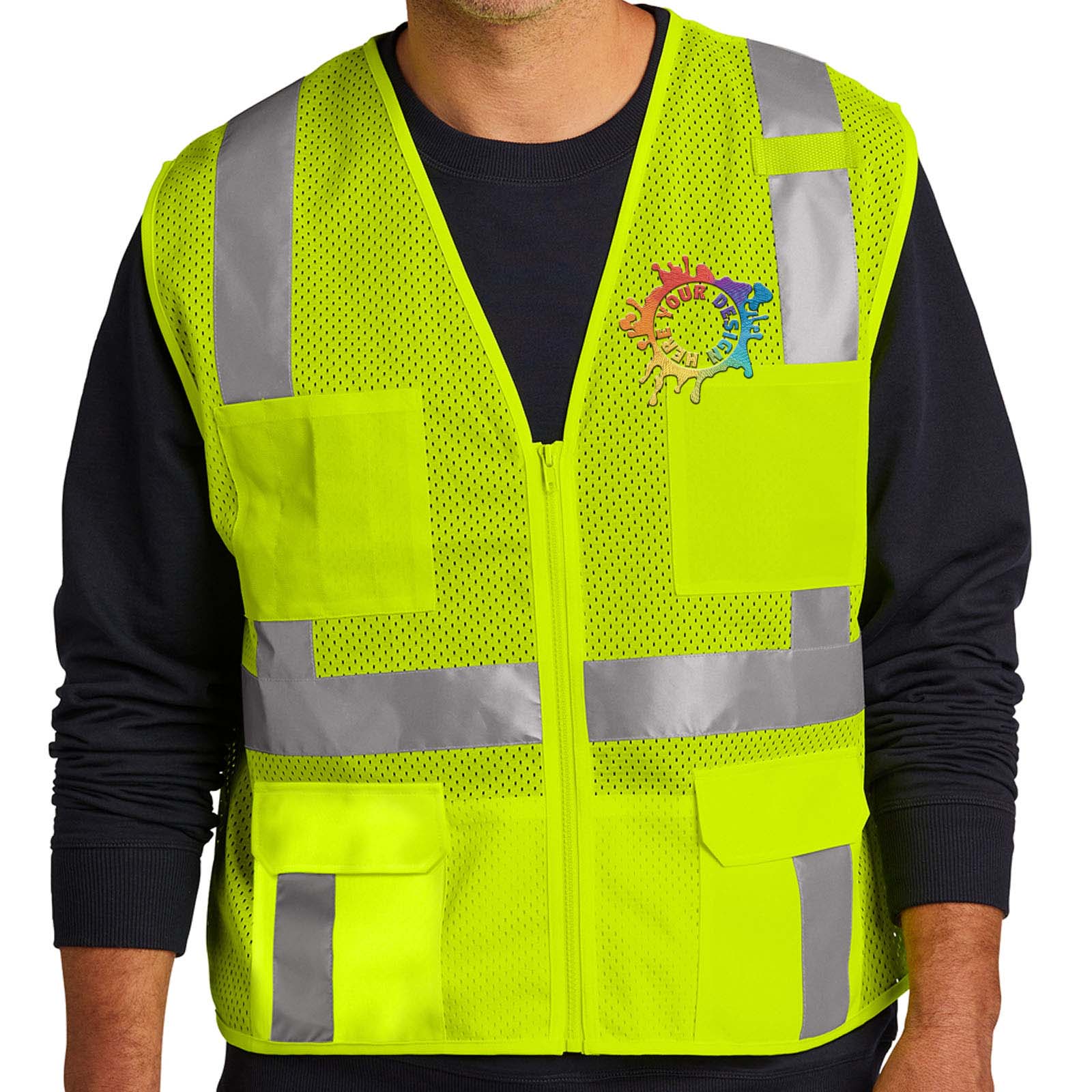 CornerStone® ANSI 107 Class 2 Mesh Six-Pocket Zippered Vest Embroidery - Mato & Hash