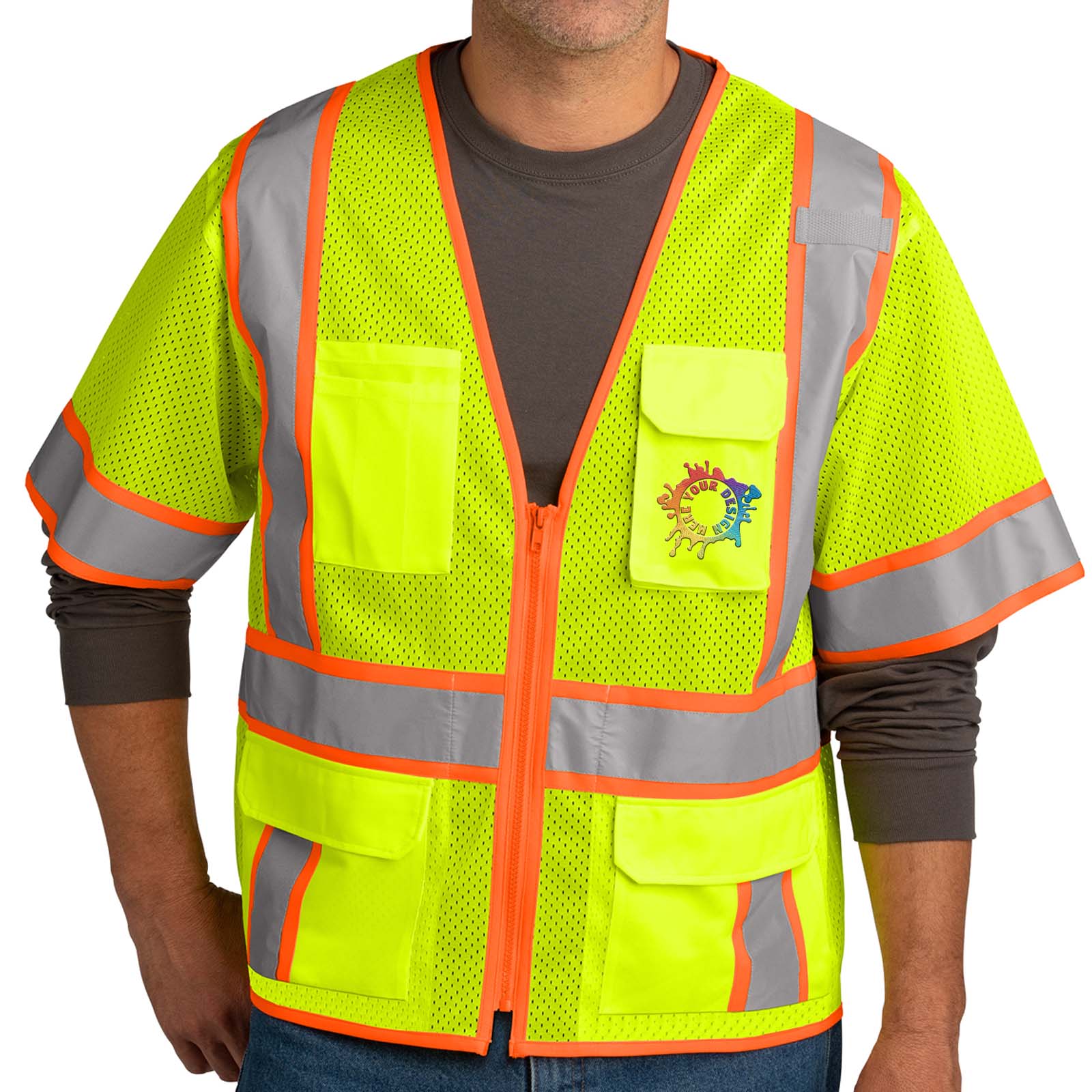 CornerStone® ANSI 107 Class 3 Surveyor Mesh Zippered Two-Tone Short Sleeve Vest Embroidery - Mato & Hash