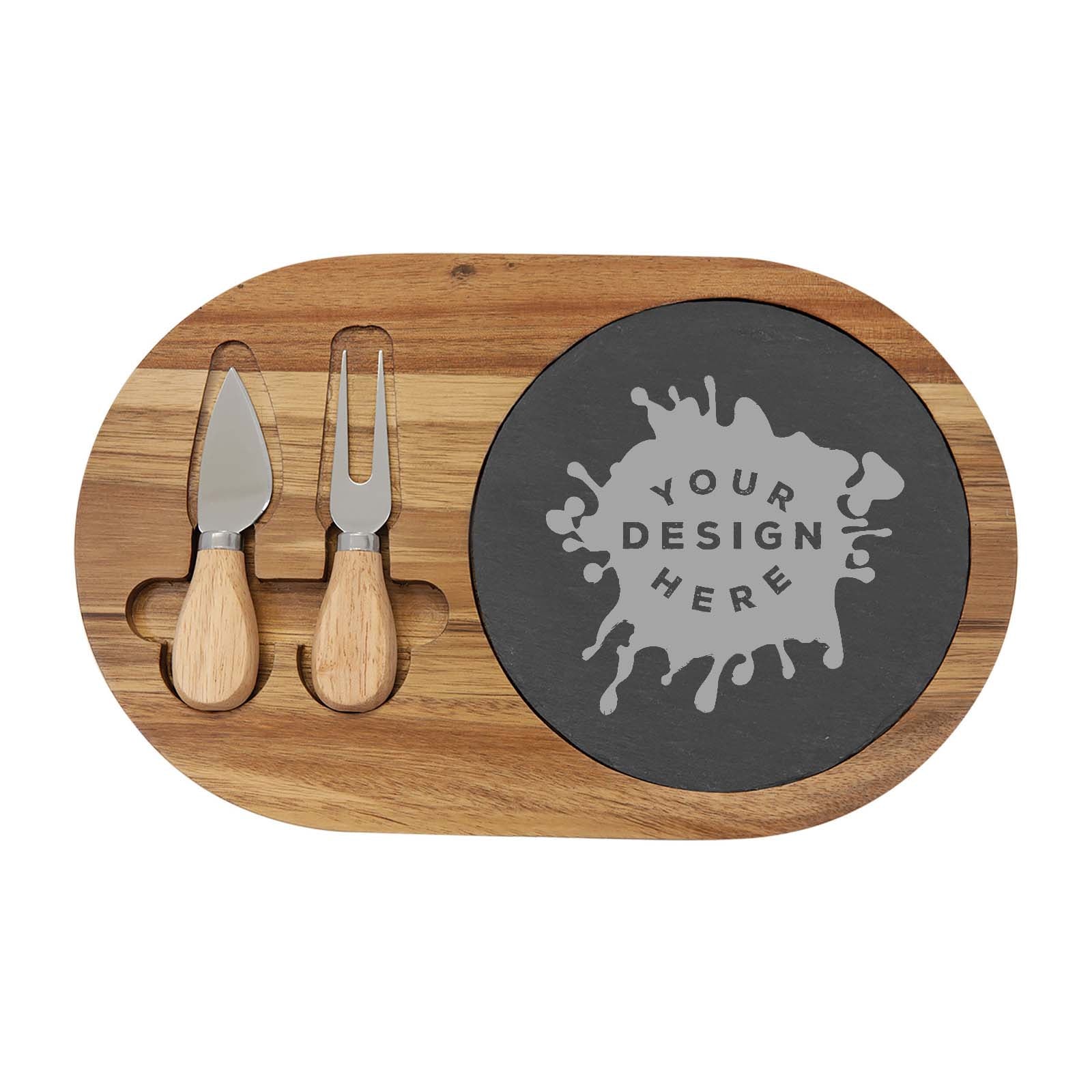 Custom Laser Engraved Acacia Wood Slate Oval Serving Board with Two Tools - Mato & Hash