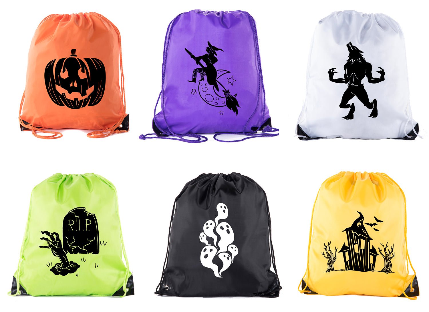 Halloween Six-Pack Trick or Treat Color + Design Mix Polyester Drawstring Bags - Mato & Hash