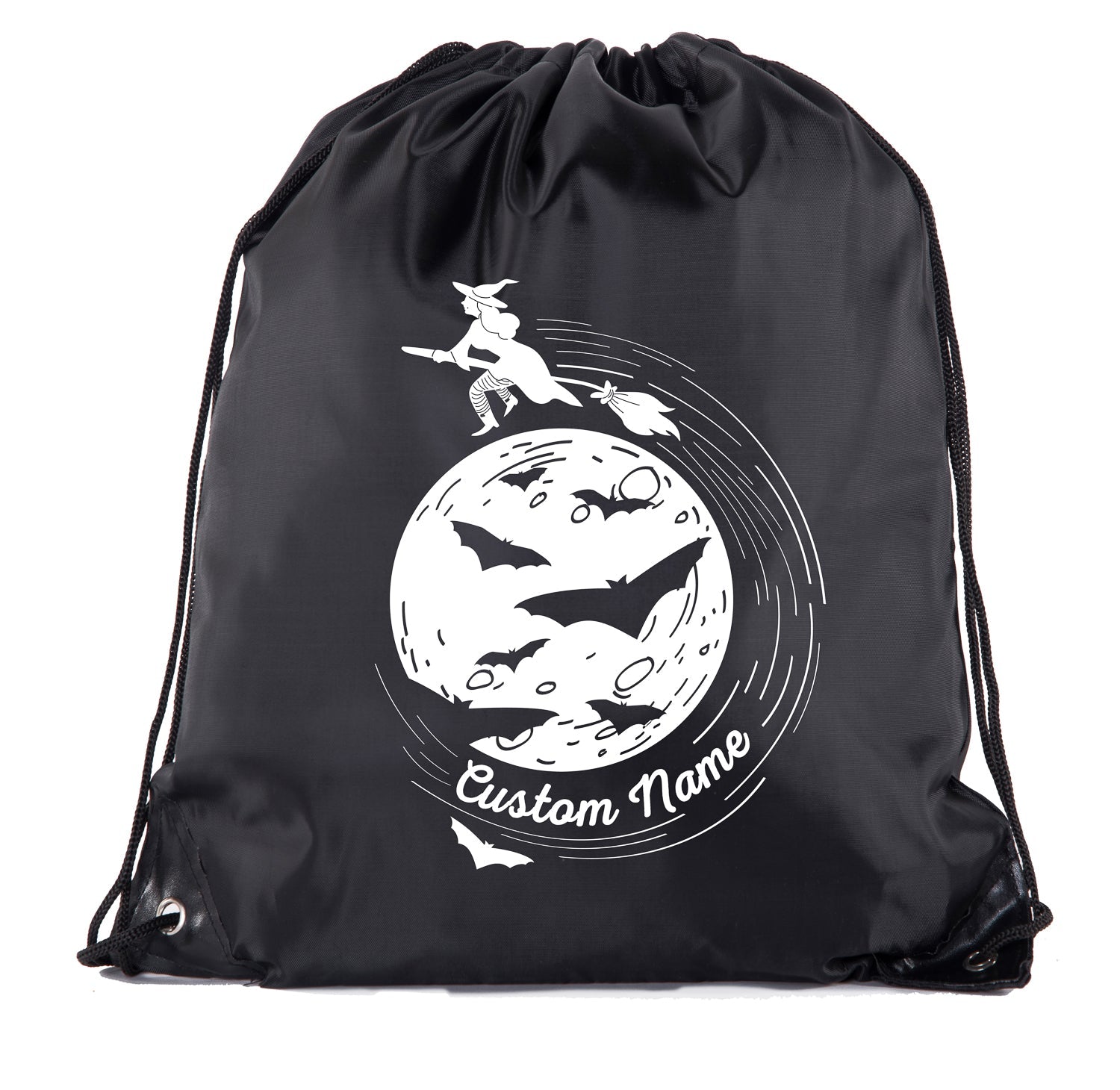 Halloween Witch Flying Over Moon Custom Name Polyester Drawstring Bag - Mato & Hash