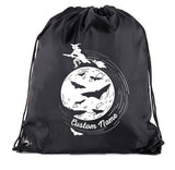 Halloween Witch Flying Over Moon Custom Name Polyester Drawstring Bag