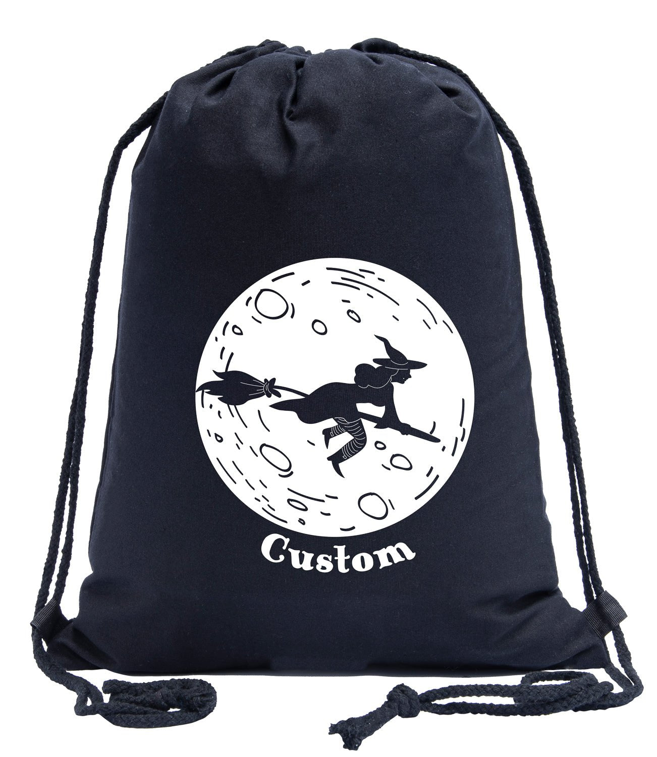 Halloween Witch Flying Past Moon Custom Cotton Drawstring Bag - Mato & Hash