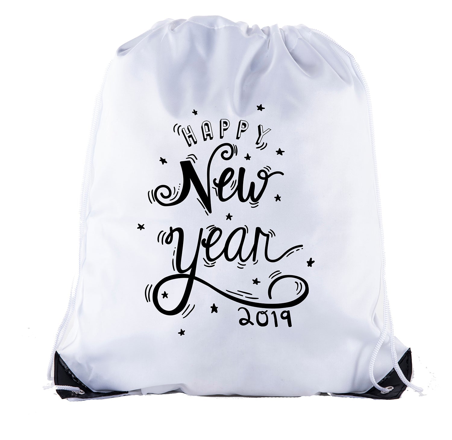 Happy New Year w/ Stars Custom Polyester Drawstring Bag - Mato & Hash