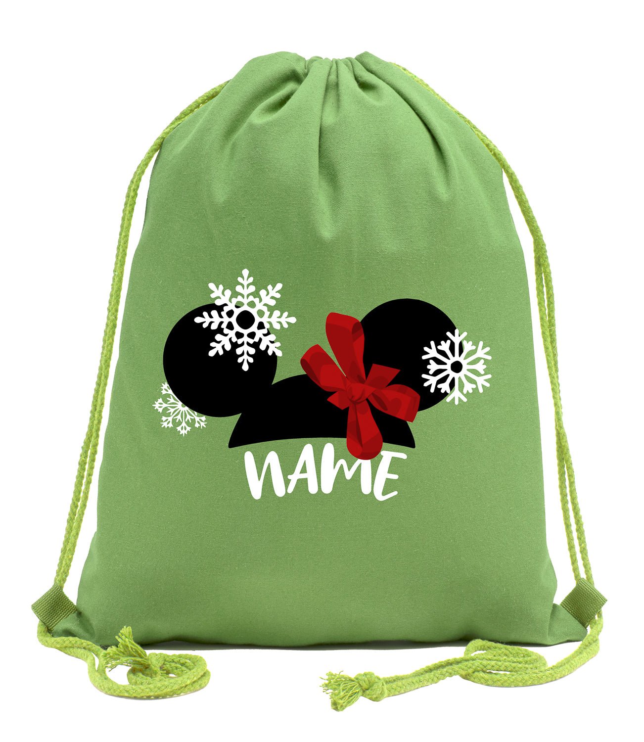 Mouse Ears + Bow & Snowflakes Custom Name Cotton Drawstring Bag - Mato & Hash