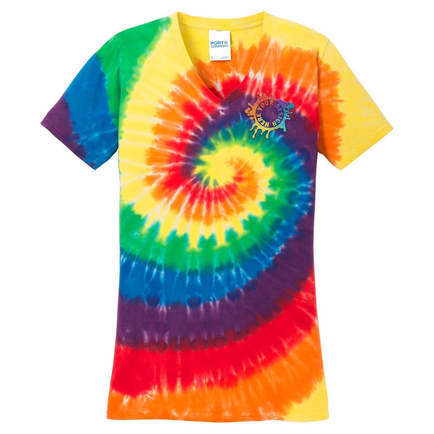 Port & Company 100% Cotton Women's Tie-Dye V-Neck T-Shirt Embroidery - Mato & Hash