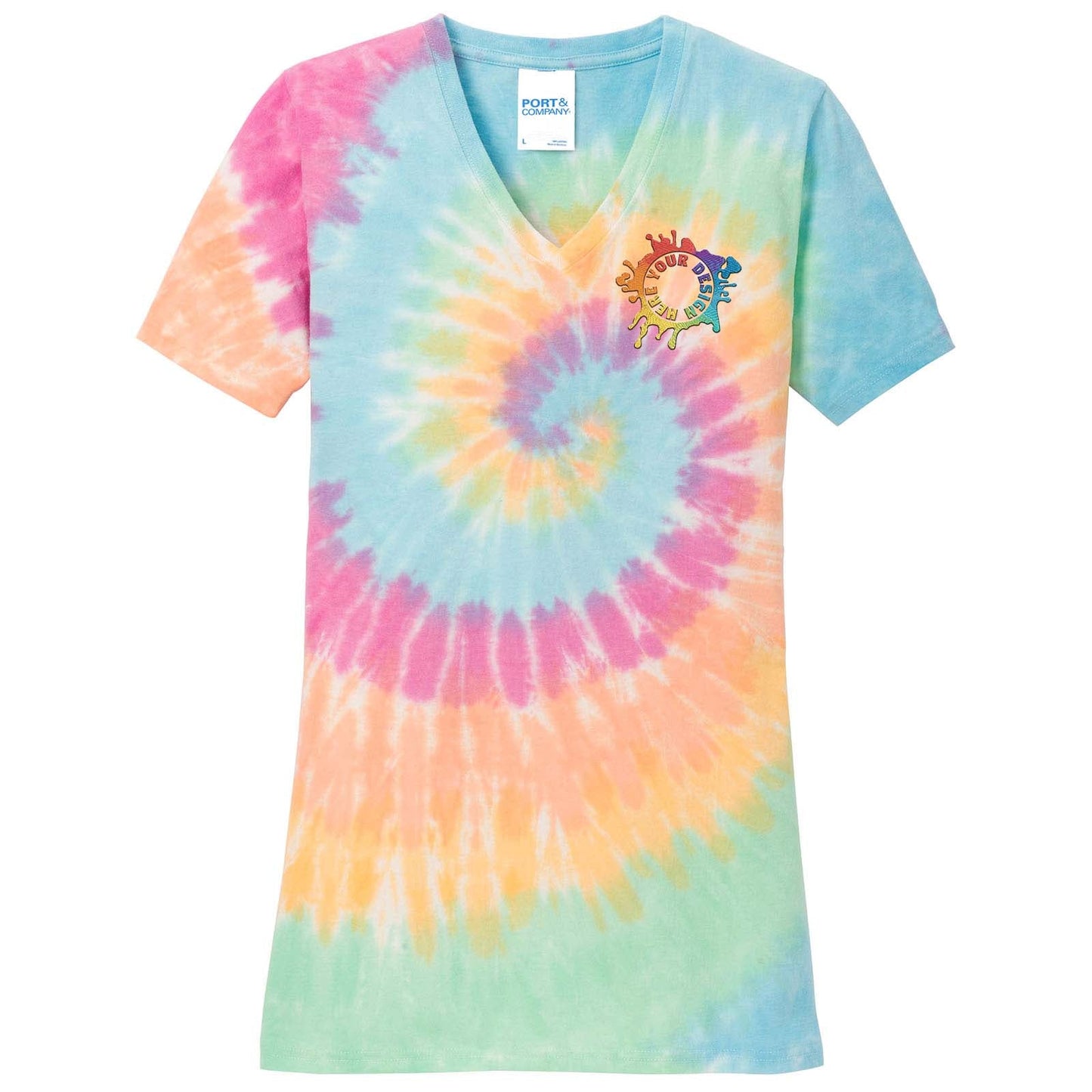 Port & Company 100% Cotton Women's Tie-Dye V-Neck T-Shirt Embroidery - Mato & Hash
