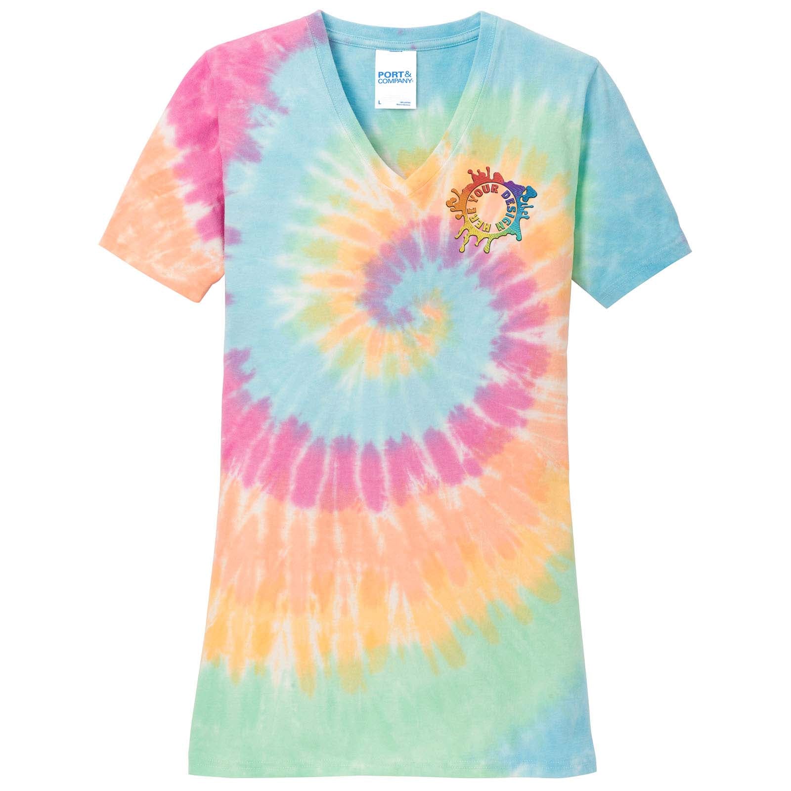 Port & Company 100% Cotton Women's Tie-Dye V-Neck T-Shirt Embroidery - Mato & Hash