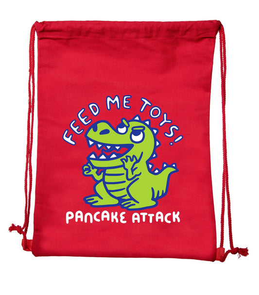 Revive Red Cotton Drawstring Bag With "Pancake Attack Dinosaur" - Mato & Hash