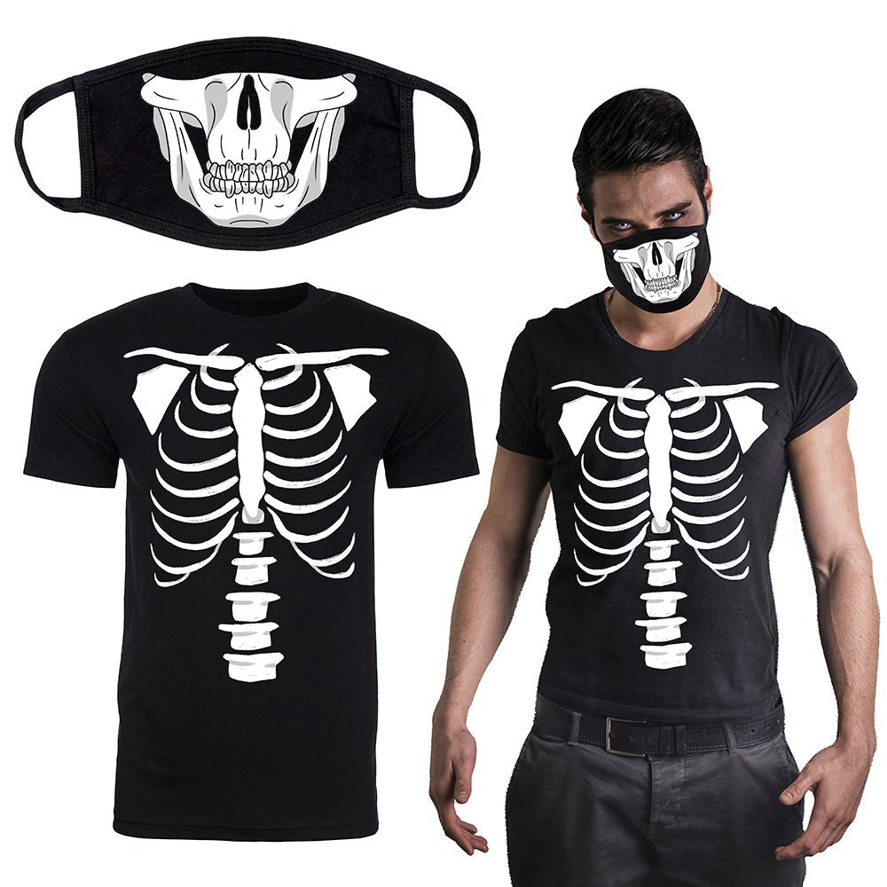 Skull Face Mask + Skeleton T Shirt Combo Unisex Adult - Mato & Hash