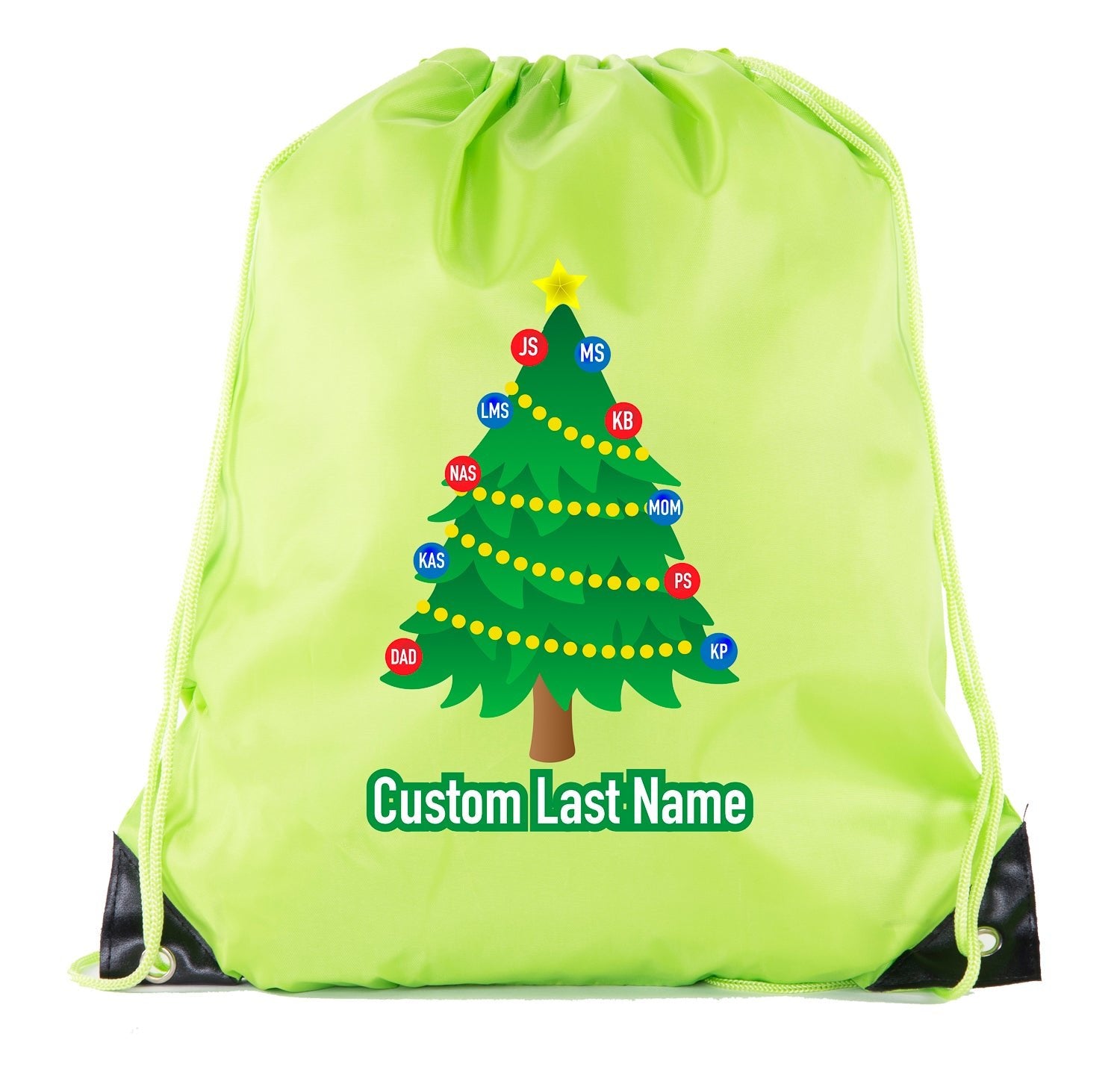 Tree + Custom Ornaments & Last Name Polyester Drawstring Bag - Mato & Hash