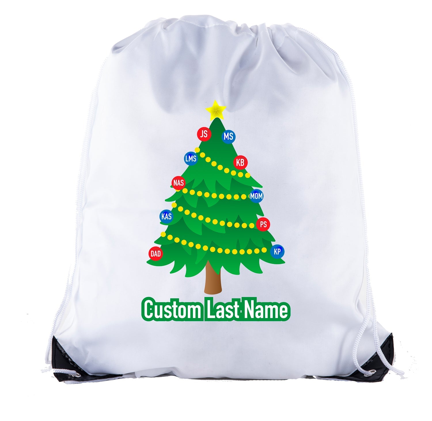 Tree + Custom Ornaments & Last Name Polyester Drawstring Bag - Mato & Hash
