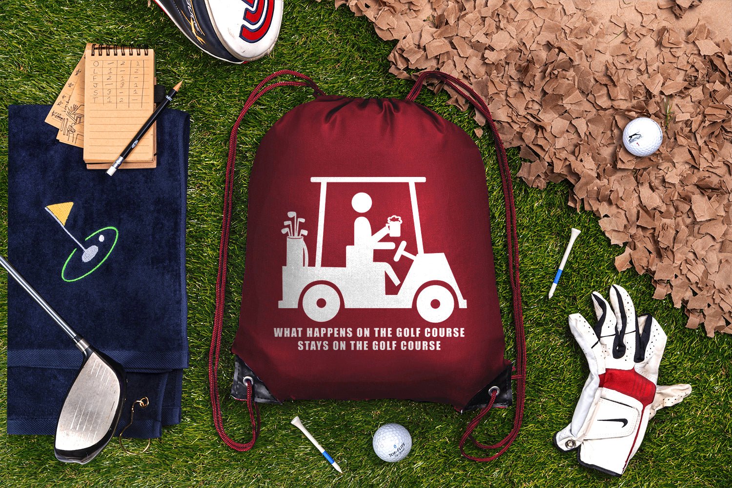 What Happens on the Course, Stays on the Course Polyester Drawstring Bag - Mato & Hash