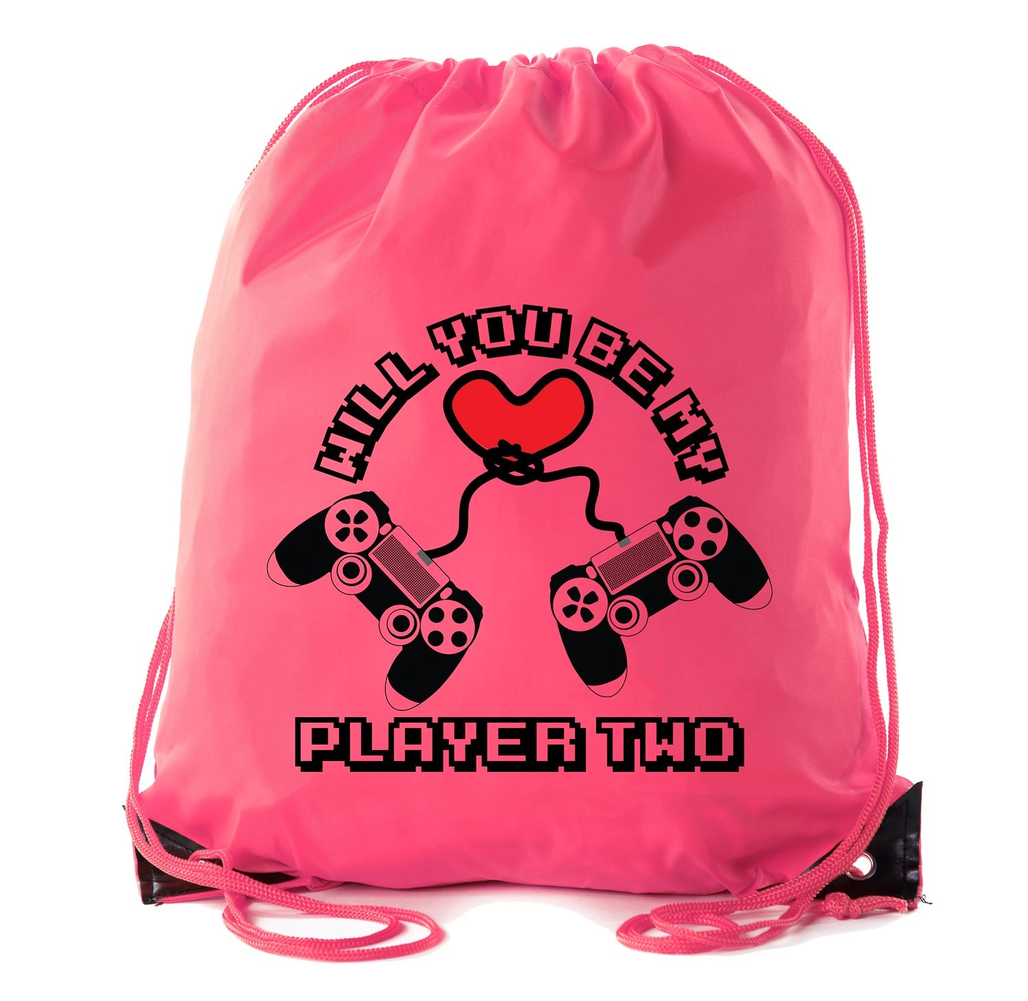 Will You Be My Player Two? Valentine's Day Polyester Drawstring Bag - Mato & Hash